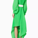 Bright green pleated asymmetric maxi dress with white belt and puff sleeves — Solace London | Endless UAE