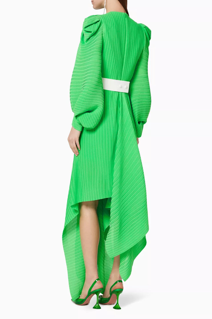 Bright green pleated asymmetric maxi dress with white belt and puff sleeves — Solace London | Endless UAE