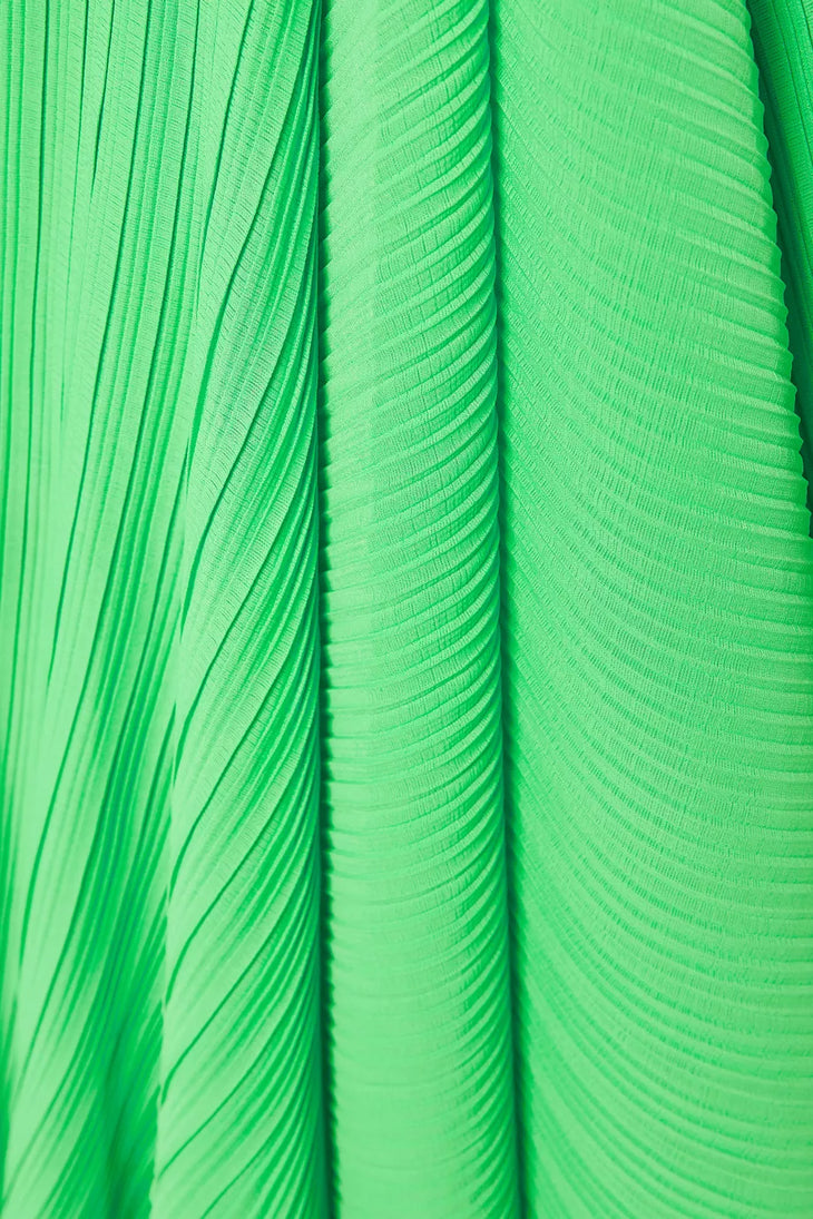 Bright green pleated asymmetric maxi dress with white belt and puff sleeves — Solace London | Endless UAE