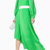 Bright green pleated asymmetric maxi dress with white belt and puff sleeves — Solace London | Endless UAE