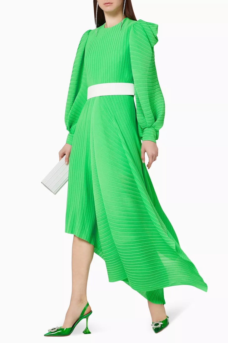 Bright green pleated asymmetric maxi dress with white belt and puff sleeves — Solace London | Endless UAE