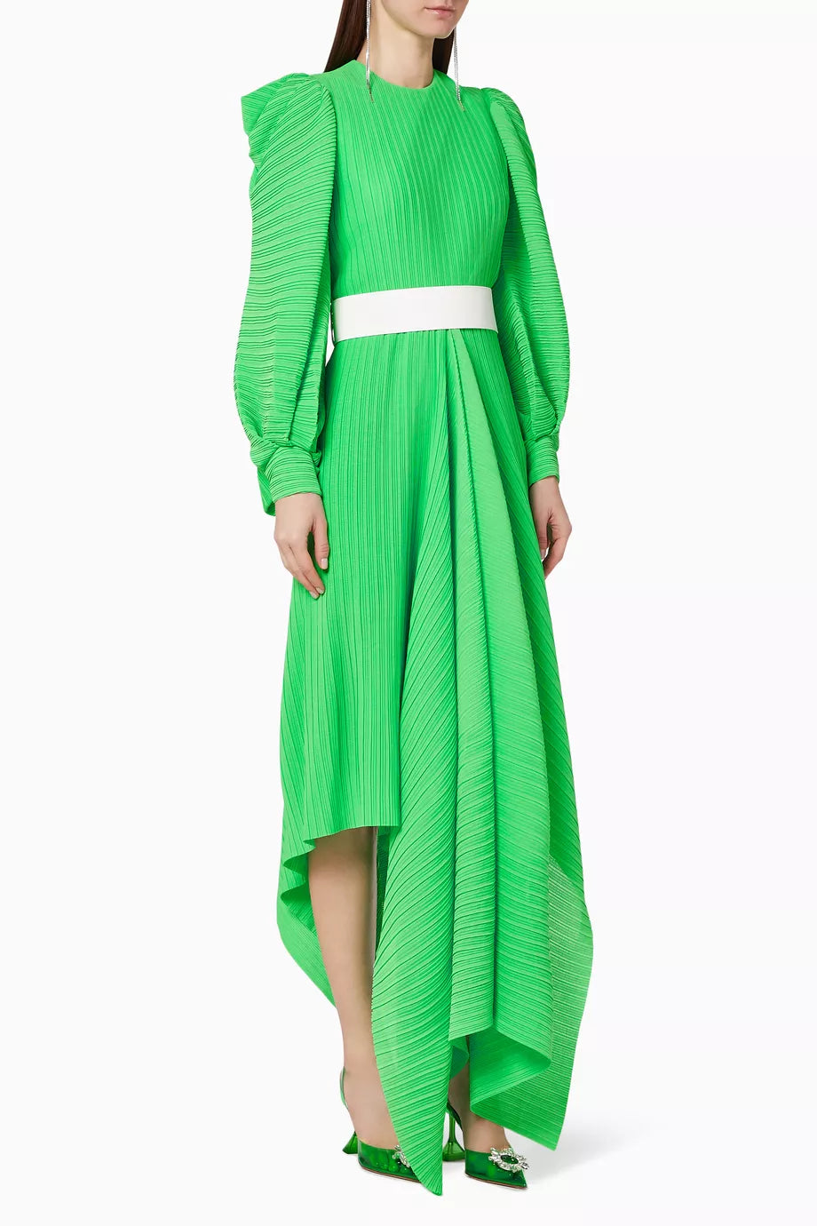 Bright green pleated asymmetric maxi dress with white belt and puff sleeves — Solace London | Endless UAE