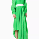 Bright green pleated asymmetric maxi dress with white belt and puff sleeves — Solace London | Endless UAE