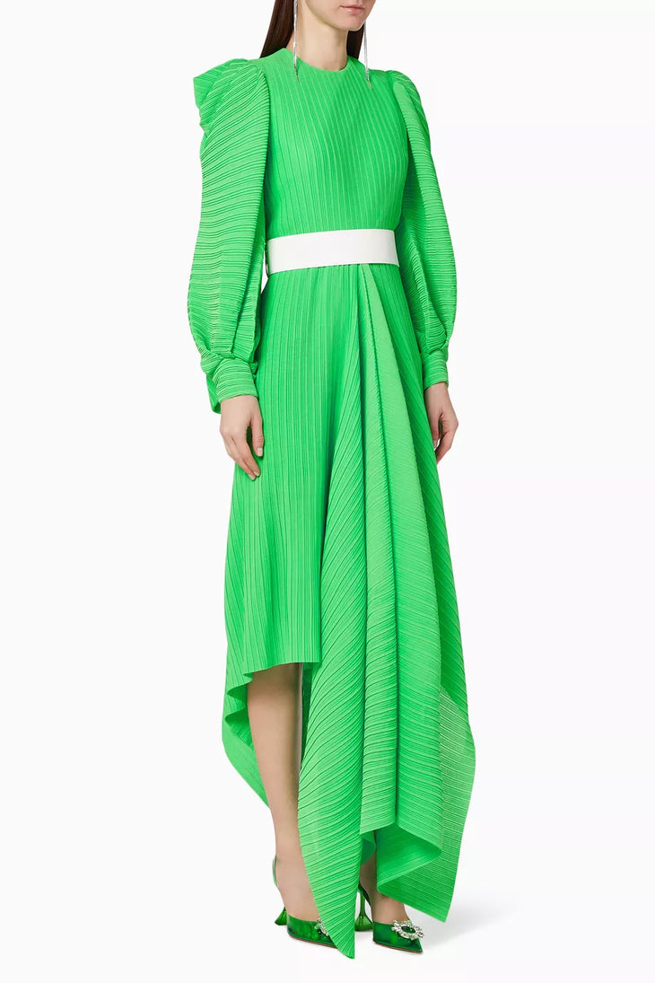 Bright green pleated asymmetric maxi dress with white belt and puff sleeves — Solace London | Endless UAE
