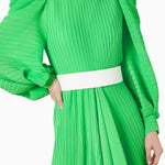 Bright green pleated asymmetric maxi dress with white belt and puff sleeves — Solace London | Endless UAE