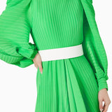 Bright green pleated asymmetric maxi dress with white belt and puff sleeves — Solace London | Endless UAE