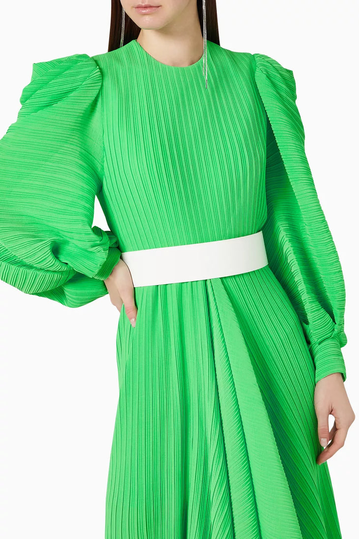 Bright green pleated asymmetric maxi dress with white belt and puff sleeves — Solace London | Endless UAE