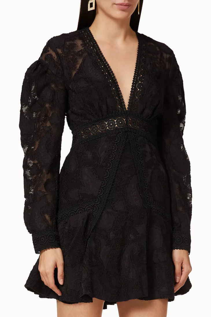 Black lace wrap dress with long sleeves and beaded waist detail — Acler | Endless UAE