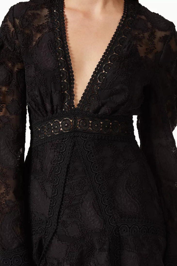Black lace wrap dress with long sleeves and beaded waist detail — Acler | Endless UAE