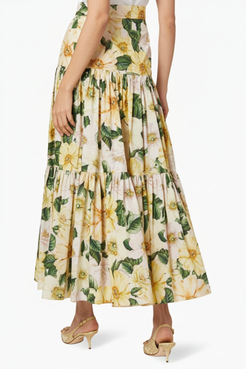 Floral print tiered maxi skirt with yellow flowers and green leaves — Dolce and Gabbana | Endless UAE