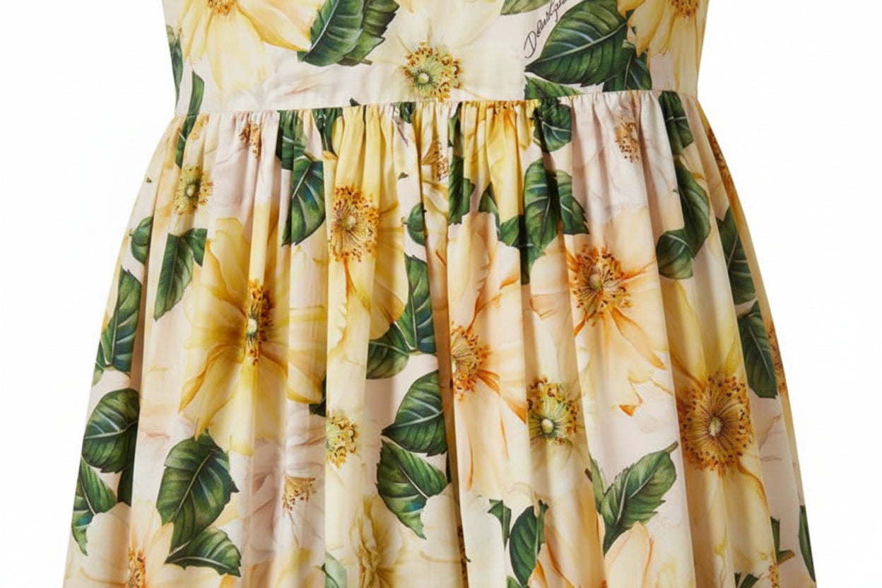 Floral printed cotton skirt and top set with yellow magnolia blooms and green leaves — Dolce and Gabbana | Endless UAE