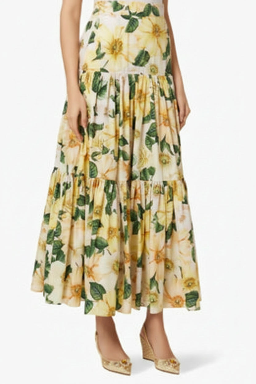 Dolce and Gabbana floral print tiered maxi skirt with yellow flowers and green leaves on cream background — Dolce and Gabbana | Endless UAE