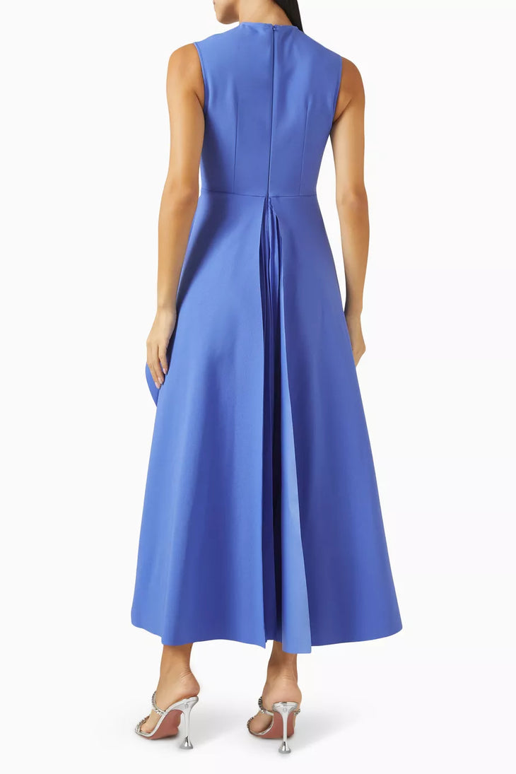 Periwinkle blue sleeveless midi dress with pleated back detail and A-line silhouette — Solace London | Endless UAE