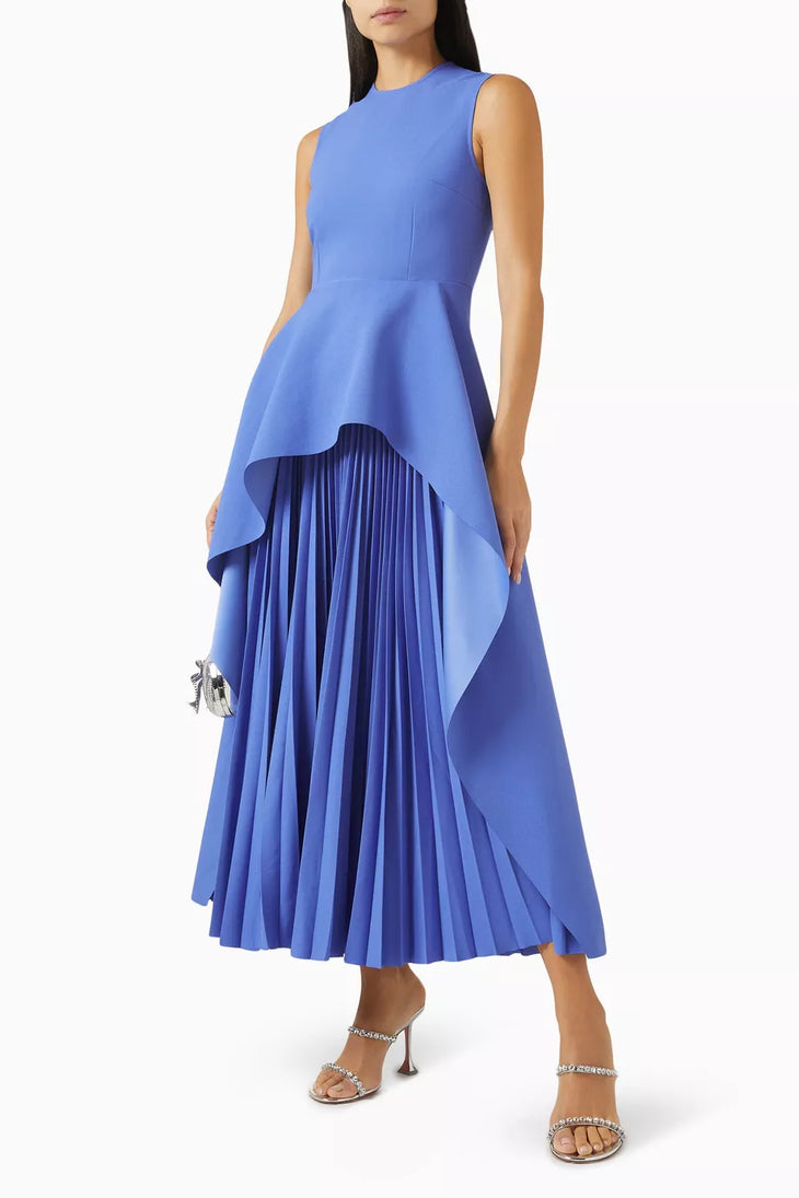 Periwinkle blue sleeveless midi dress with asymmetric draped overlay and pleated skirt detail — Solace London | Endless UAE