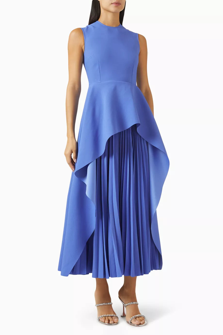 Periwinkle blue sleeveless midi dress with asymmetric draped overlay and pleated skirt panel — Solace London | Endless UAE