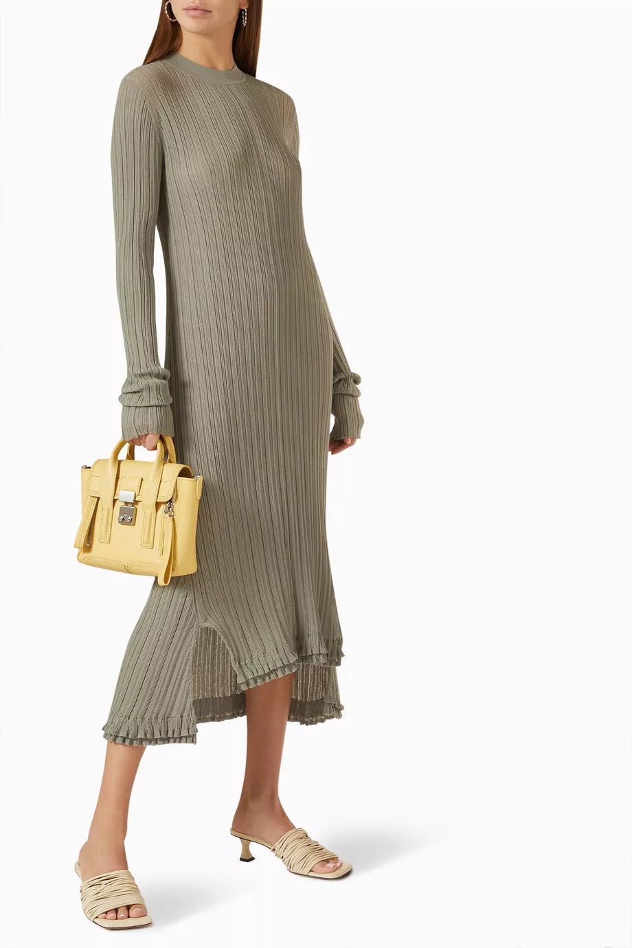 Sage ribbed long sleeve midi dress with asymmetrical hem — 3.1 Phillip Lim | Endless UAE