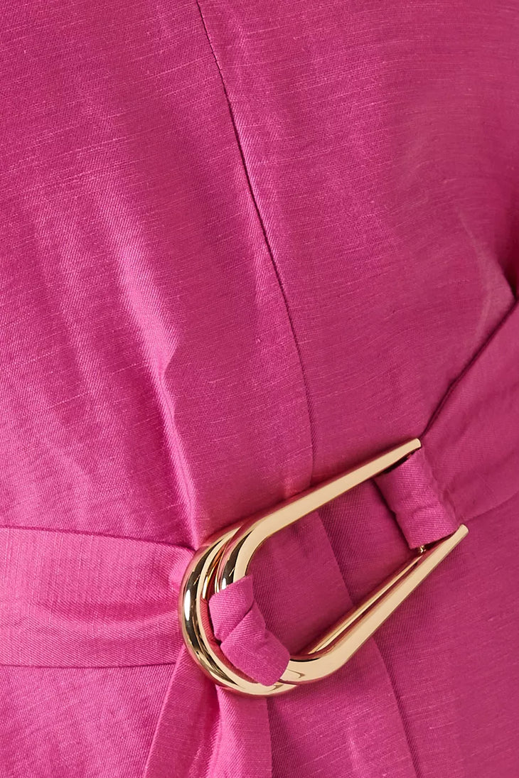 Woman wearing bright pink puff-sleeve mini dress with belt and ruffled hem — Acler | Endless UAE