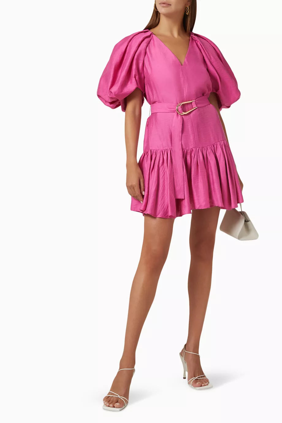 Woman wearing bright pink puff-sleeve mini dress with belt and ruffled hem — Acler | Endless UAE