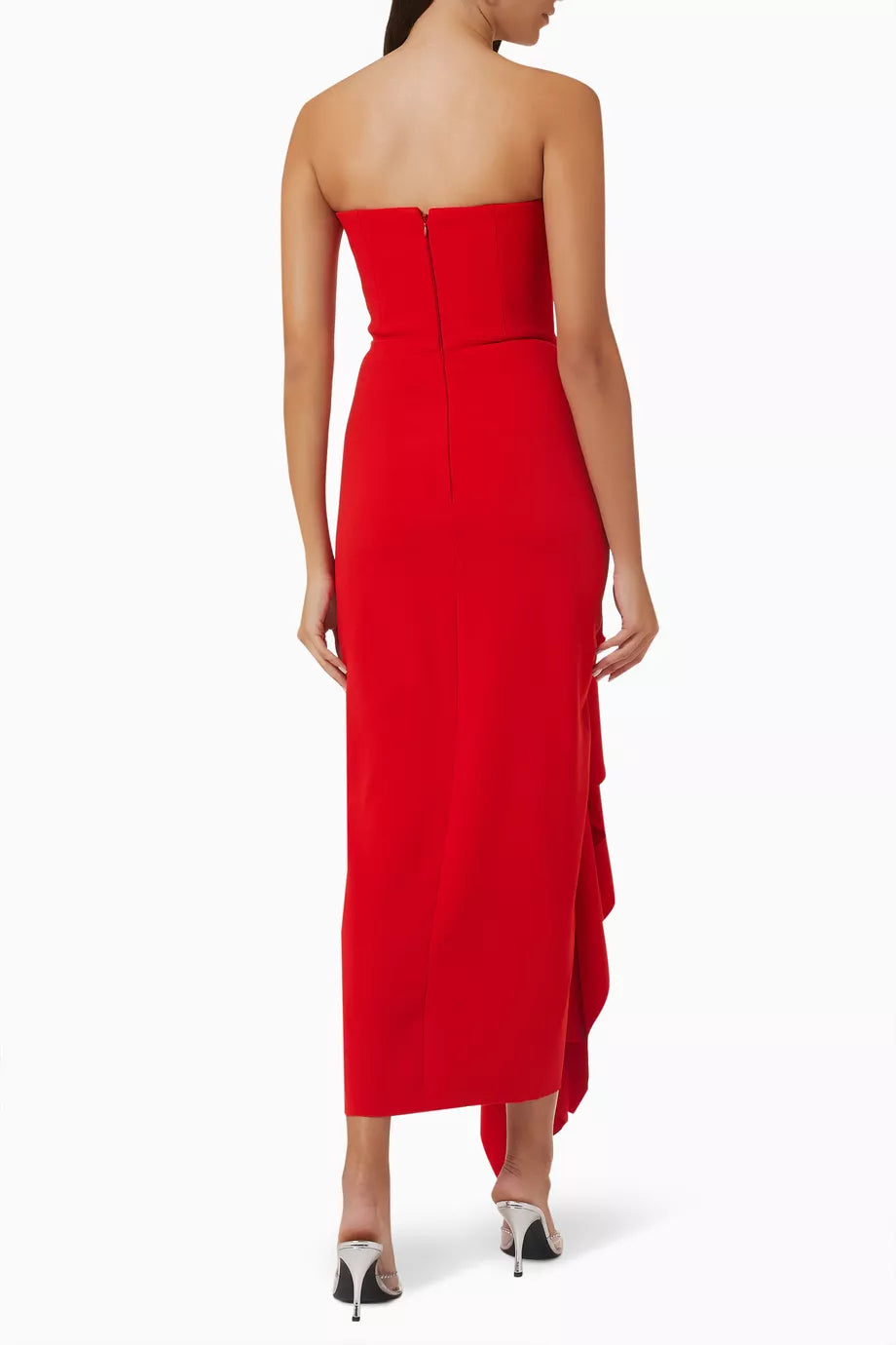 Red strapless draped midi dress with asymmetrical ruffle detail — Solace London | Endless UAE
