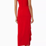 Red strapless draped midi dress with asymmetrical ruffle detail — Solace London | Endless UAE