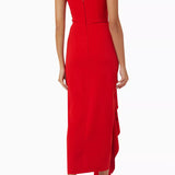 Red strapless draped midi dress with asymmetrical ruffle detail — Solace London | Endless UAE
