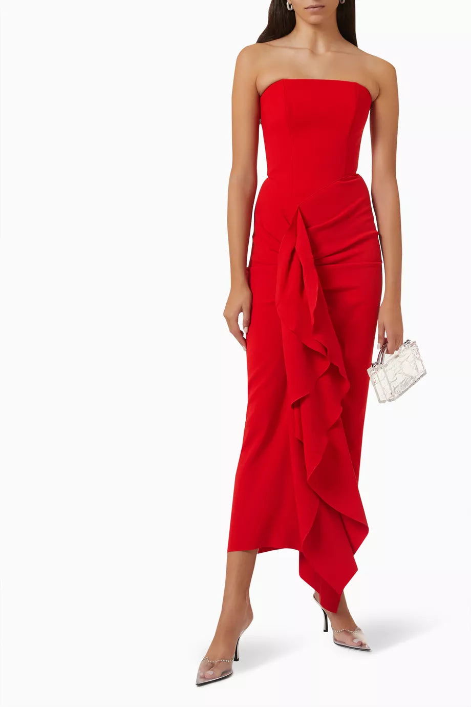 Red strapless draped midi dress with asymmetrical ruffle detail — Solace London | Endless UAE