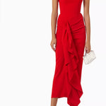 Red strapless draped midi dress with asymmetrical ruffle detail — Solace London | Endless UAE
