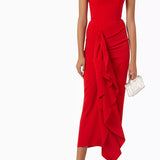 Red strapless draped midi dress with asymmetrical ruffle detail — Solace London | Endless UAE