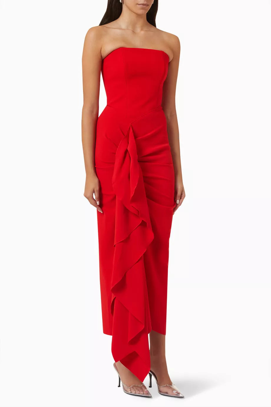 Red strapless draped midi dress with asymmetrical ruffle detail — Solace London | Endless UAE