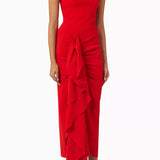 Red strapless draped midi dress with asymmetrical ruffle detail — Solace London | Endless UAE