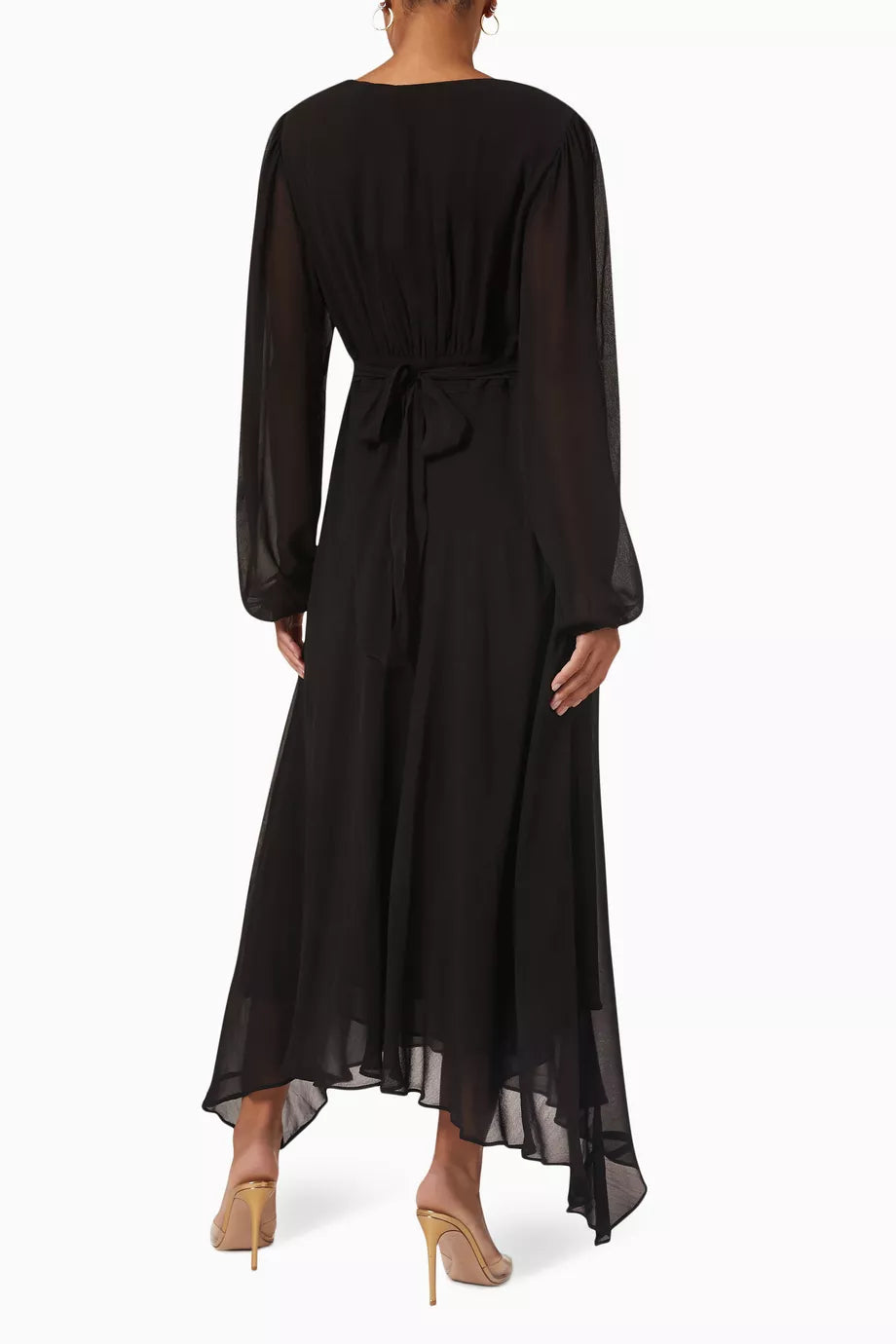 Black maxi dress with gold sunburst embellishment and flowing bell sleeves — RIXO | Endless UAE