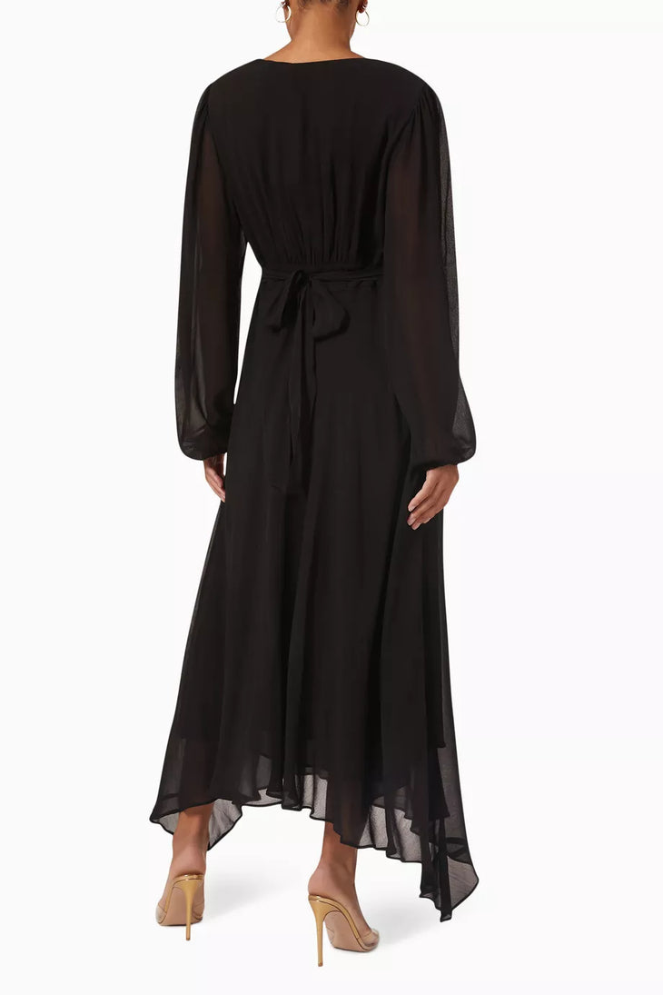 Black maxi dress with gold sunburst embellishment and flowing bell sleeves — RIXO | Endless UAE