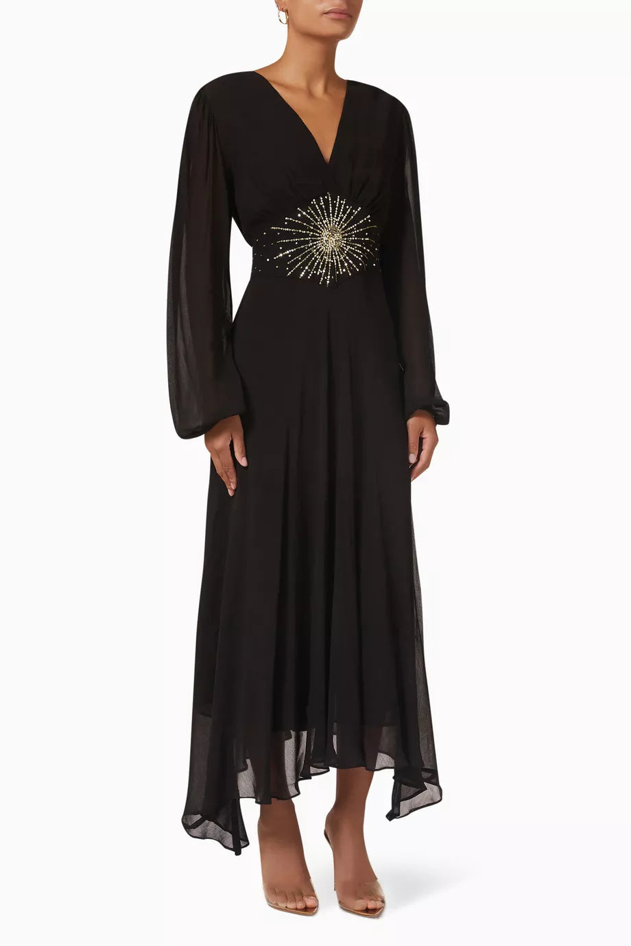 Black maxi dress with gold sunburst embellishment and flowing bell sleeves — RIXO | Endless UAE