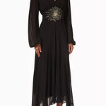 Black maxi dress with gold sunburst embellishment and flowing bell sleeves — RIXO | Endless UAE