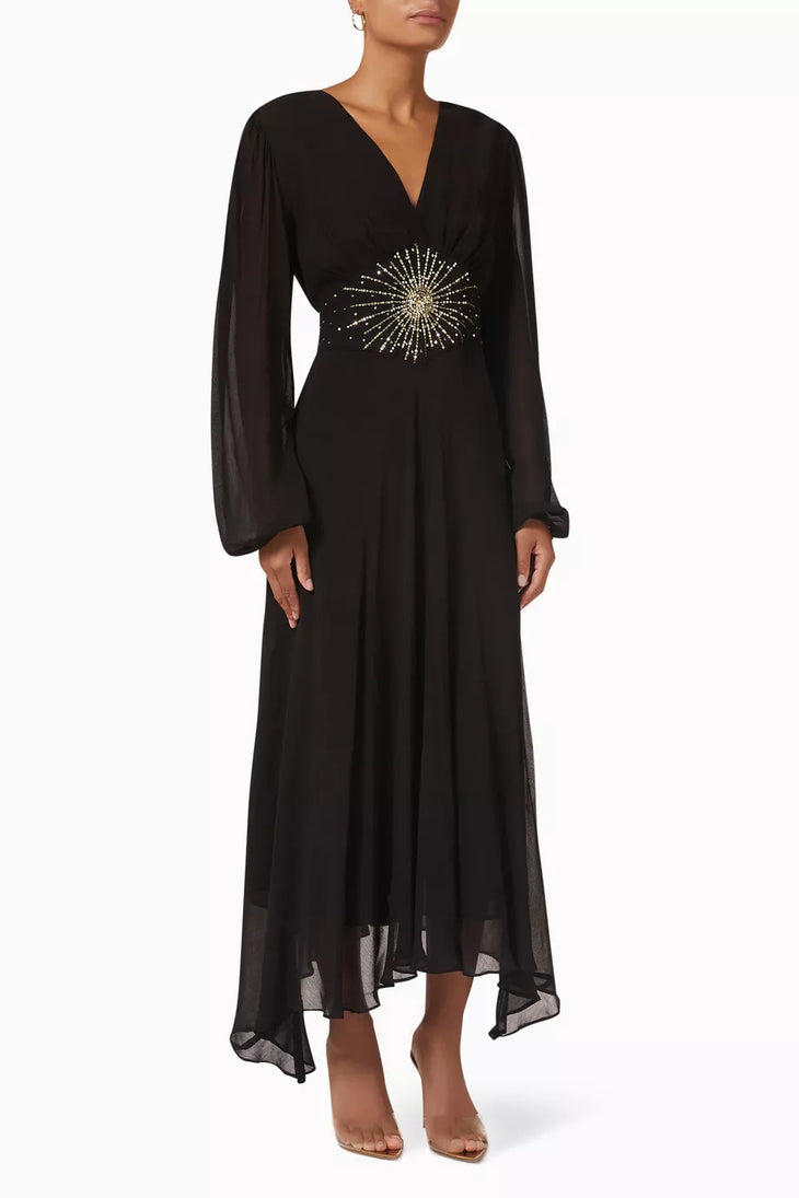 Black maxi dress with gold sunburst embellishment and flowing bell sleeves — RIXO | Endless UAE
