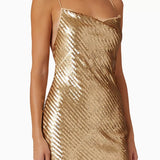 Gold sequinned mini dress with thin straps and cowl neckline on model — Suboo | Endless UAE