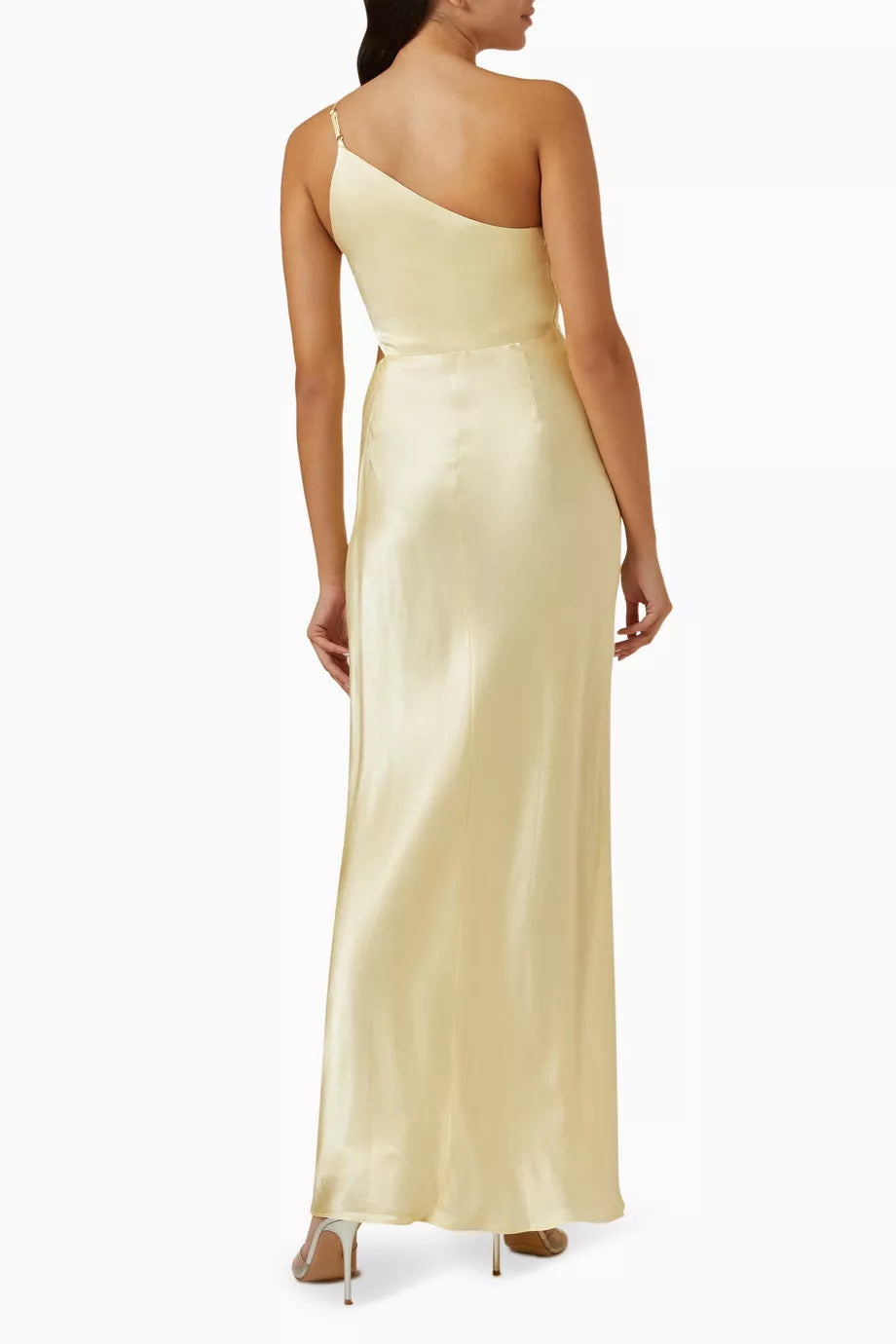 Pale yellow satin one-shoulder maxi dress with gathered detailing and flowing silhouette — Shona Joy | Endless UAE