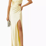 Pale yellow one-shoulder maxi dress with gathered draping, cutout waist detail and high slit — Shona Joy | Endless UAE