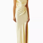 Pale yellow one-shoulder satin maxi dress with gathered draping and side slit — Shona Joy | Endless UAE