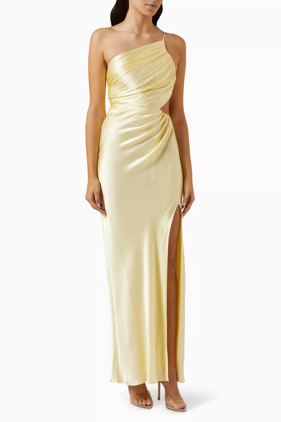 Pale yellow one-shoulder satin maxi dress with gathered draping and side slit — Shona Joy | Endless UAE