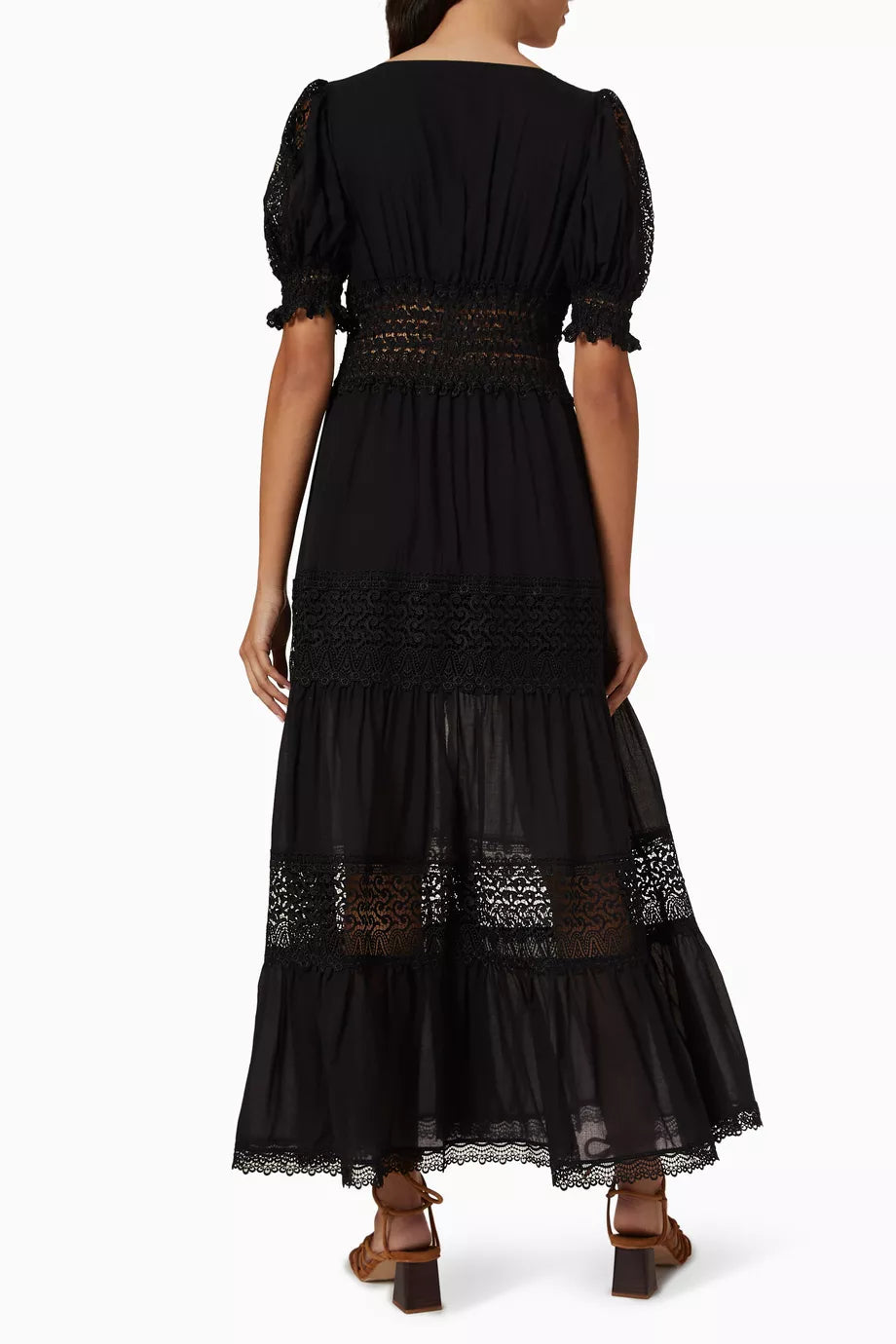 Black cotton maxi dress with puff sleeves, smocked waist, lace trim details and tiered ruffled skirt — Charo Ruiz Ibiza | Endless UAE