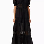Black maxi dress with lace trim details, V-neck, puff sleeves, and tiered skirt — Charo Ruiz Ibiza | Endless UAE