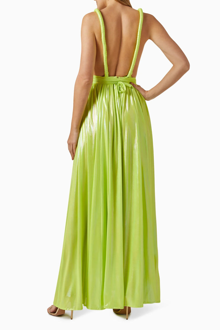 Lime green pleated goddess maxi gown with deep V-neckline and high slit — Bronx & Banco | Endless UAE