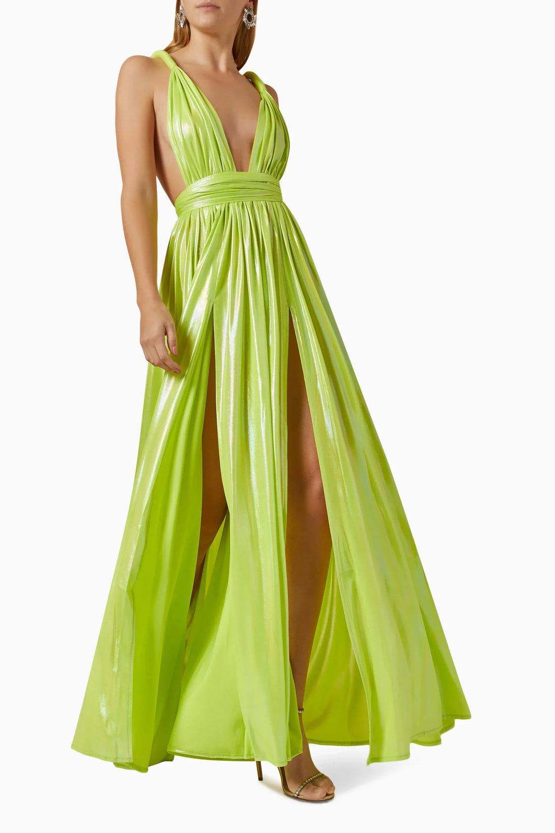 Lime green pleated goddess maxi gown with deep V-neckline and high slit — Bronx & Banco | Endless UAE
