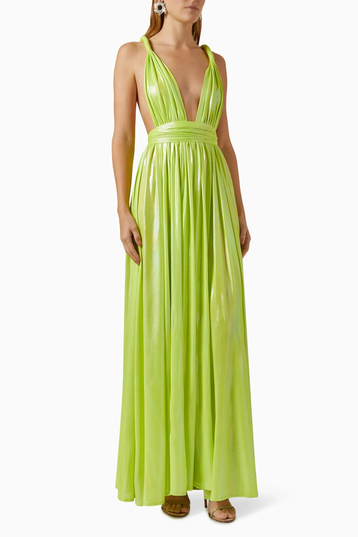 Lime green pleated goddess maxi gown with deep V-neckline and high slit — Bronx & Banco | Endless UAE