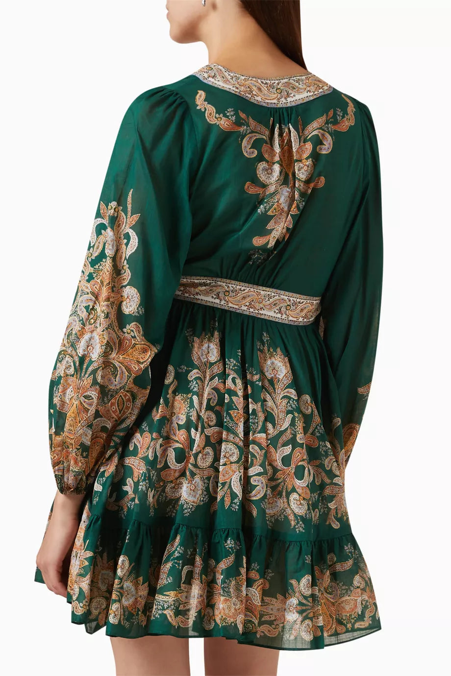Emerald green mini dress with ornate paisley embroidery, long sleeves, wrap waist belt, and tiered ruffle hem — Zimmermann | Endless UAE