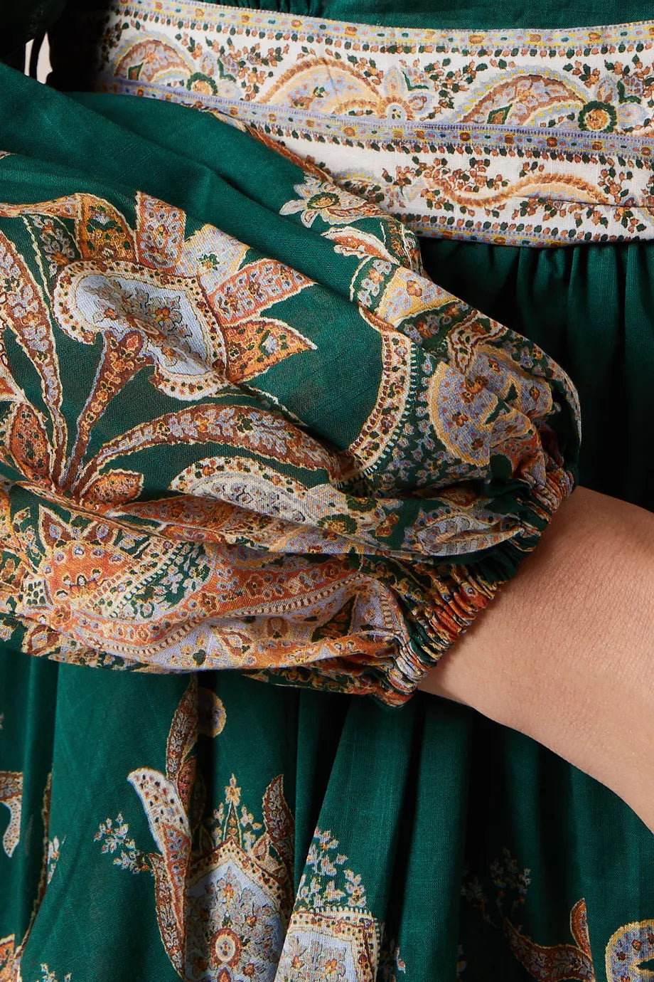 Green wrap mini dress with ornate paisley print and puffed sleeves — Zimmermann | Endless UAE
