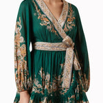 Green wrap mini dress with ornate paisley embroidery, long sleeves, and ruffled hem — Zimmermann | Endless UAE
