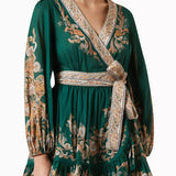 Green wrap mini dress with ornate paisley embroidery, long sleeves, and ruffled hem — Zimmermann | Endless UAE
