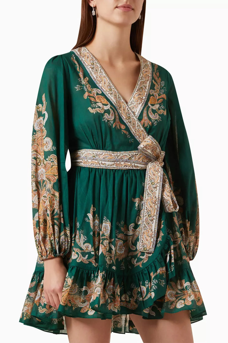 Green wrap mini dress with ornate paisley embroidery, long sleeves, and ruffled hem — Zimmermann | Endless UAE